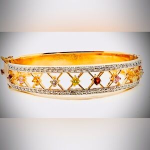 VTG Wide 18k Gold Plates Plated Multi Gemstone Bangle Bracelet